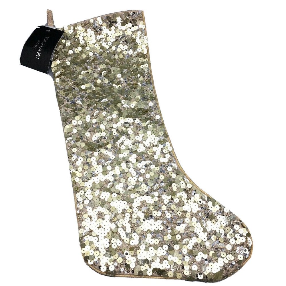 x4 Tahari Gold Sequins Beaded Christmas Stocking Set Luxury Designer Bling Glam